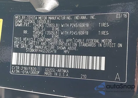 2016 Toyota Highlander Le/Le Plus from USA, damaged, VIN 5TDBKRFH4GS265418